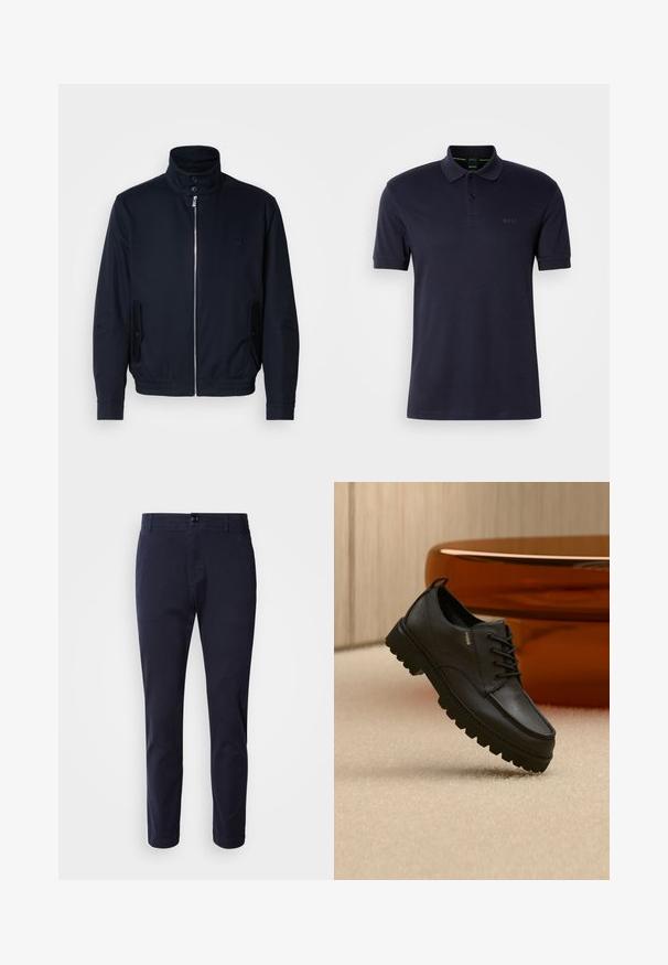 Marineblå jakke med høj krave, frontlynlås, sidelommer og ribstrikkede manchetter. Glat tekstur med en diskret logo detaljer på brystet.; Mørkeblå polo shirt med blød tekstur, to-knap åbning, korte ærmer og diskret logo på venstre bryst. Enkel og klassisk design.; BOSS SANDERSON - Bukser - dark blue; Sort læder snørestøvle med kraftig robust sål og gyldent "HUGO" mærke, placeret på beige tæppe med sløret brun stol i baggrunden.