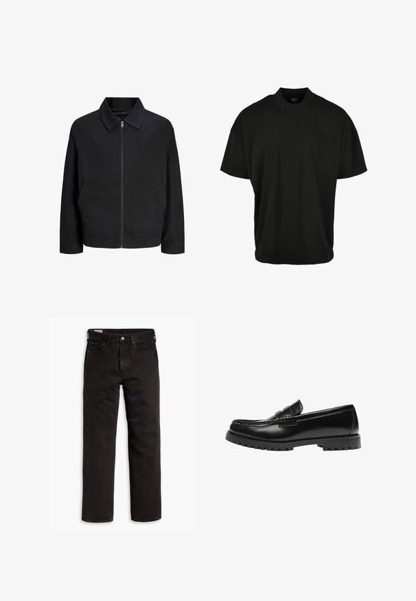 Veste noire zippée avec col, manches longues et poches latérales, présentée sur fond blanc.; T-shirt noir à manches courtes avec un col rond, fabriqué en tissu doux, présentant une coupe décontractée et sans motifs ni accents visibles.; Jean en denim noir à jambes droites avec cinq poches, fermeture à bouton et passants de ceinture, posés à plat sur un fond blanc.; Mocassin en cuir noir avec une semelle en caoutchouc épaisse et un détail classique de bride à monnaie, vu de côté extérieur.