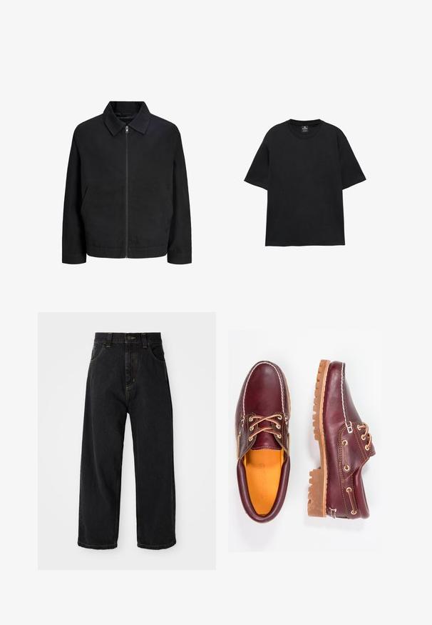 Veste noire zippée avec col, manches longues et poches latérales, présentée sur fond blanc.; T-shirt noir à manches courtes et col rond, coupe décontractée, avec une petite étiquette de la marque à l'intérieur de l'encolure.; Jeans en denim noirs à coupe large avec taille haute, bouton avant, fermeture éclair et surpiqûres jaunes sur les poches et les coutures.; Chaussures en cuir bourgogne avec semelles en caoutchouc marron, bout rond, couture blanche et œillets dorés. L'intérieur présente une doublure jaune.