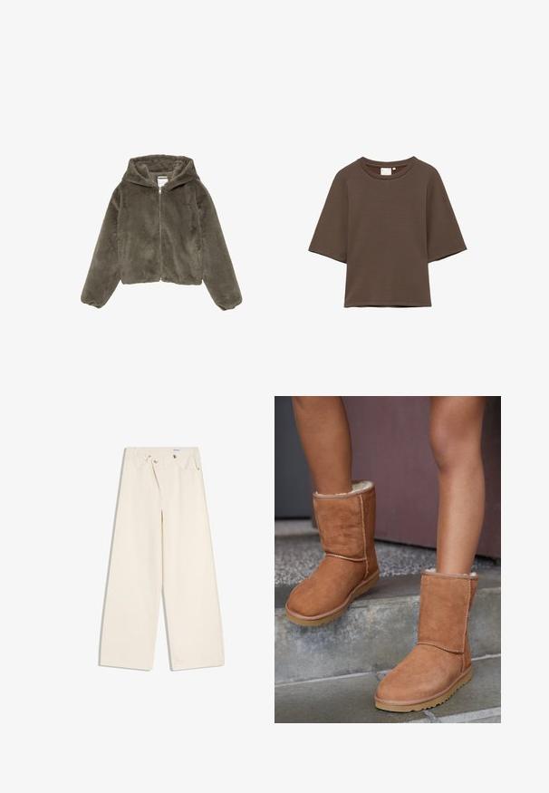 Veste à capuche en fausse fourrure vert olive avec une texture douce, manches longues et capuche. Dispose d'une fermeture éclair devant et d'une coupe courte.; T-shirt marron à manches courtes avec un col rond et une coupe décontractée, présenté sur un fond blanc.; Pantalon large couleur écru avec poches avant, passants pour ceinture, et boutons argentés sur la ceinture et les bords des poches.; Bottines en suede marron, à bout rond, avec une doublure douce et une semelle en caoutchouc, présentant des détails de couture visibles le long des coutures.