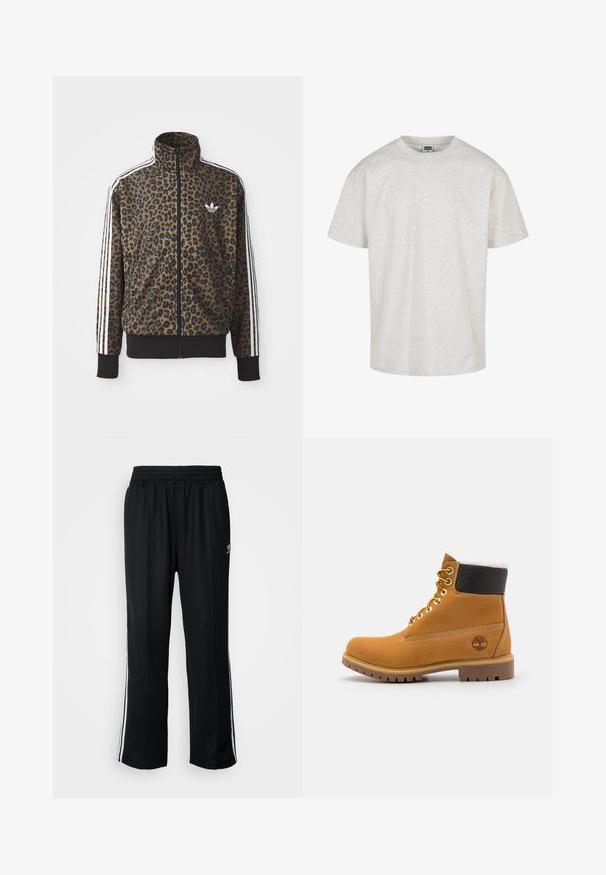 Brun og sort leopardprint zip-up jakke med hvide tre-stribede detaljer på ærmerne og en sort ribkant. Klassisk Adidas-logo.; Lys grå bomulds T-shirt med kortærmer, rund halsudskæring og afslappet pasform. Tekstureret stof med et subtilt meleret mønster.; Sorte træningsbukser med elastisk talje, der har hvide sidestænger og et lille logo. Materialet ser blødt og let ud.; Brune læder ankelstøvle med metaløjer, hvid pelsforing, sort polstret krave, robust sål og præget logo på siden.