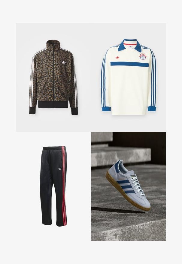 Brun og sort leopardprint zip-up jakke med hvide tre-stribede detaljer på ærmerne og en sort ribkant. Klassisk Adidas-logo.; Hvid sportstrøje med lange ærmer, blå krave, blå striber på ærmerne, blå bryststribe, rødt logo og et skjoldemblem med stjerner på brystet.; Sorte træningsbukser med lodret ribbet tekstur, der har røde og hvide sidelommer og en lille hvid logo på venstre ben.; Lyseblå Adidas Spezial sneakers med marineblå striber og gummisål, vist i luften over betontrapper i et neutralt udendørsmiljø.