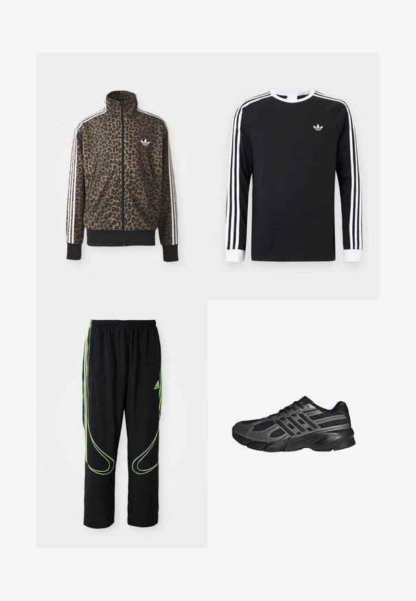 Ruskean ja mustan leopardiprintin vetoketjullinen takki, jossa on valkoiset kolme viiru-aksenttia hihoissa ja musta ribattua helmaa. Klassinen Adidas-logo.; Musta pitkähihaisen T-paita, jossa valkoiset kolmen raidat hihansuissa. Paidassa on pyöreä kaula-aukko ja pieni valkoinen logo rinnassa.; Musta Adidas urheiluhousut neonvihreillä kaariviivoilla ja kolmella raidalla sivuilla, joustava vyötärönauha ja Adidas-logo etureidessä.; Musta urheilukengät, jotka on valmistettu verkkomateriaalista ja synteettisistä aineista. Kengissä on teksturoitu pinta, useita harmaita raitoja ja pehmustettu sauma.