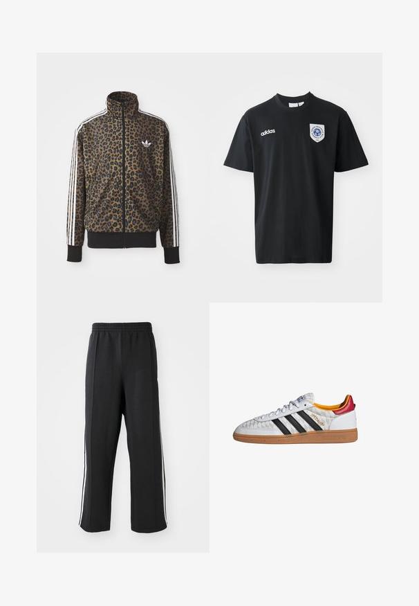 Leopard print zip-up jacket in brown and black, featuring white three-stripe accents on sleeves and a black ribbed hem. Classic Adidas logo.; Black short-sleeve t-shirt made of cotton, featuring a round neck. Includes white Adidas logo and a patch with a blue emblem on the left chest.; Black sweatpants with an elastic waistband, featuring white side stripes and a relaxed fit. Made from soft, stretchy fabric.; White Adidas Spezial sneaker with black stripes, gum sole, quilted pattern, red heel tab, and yellow inner lining, side view.