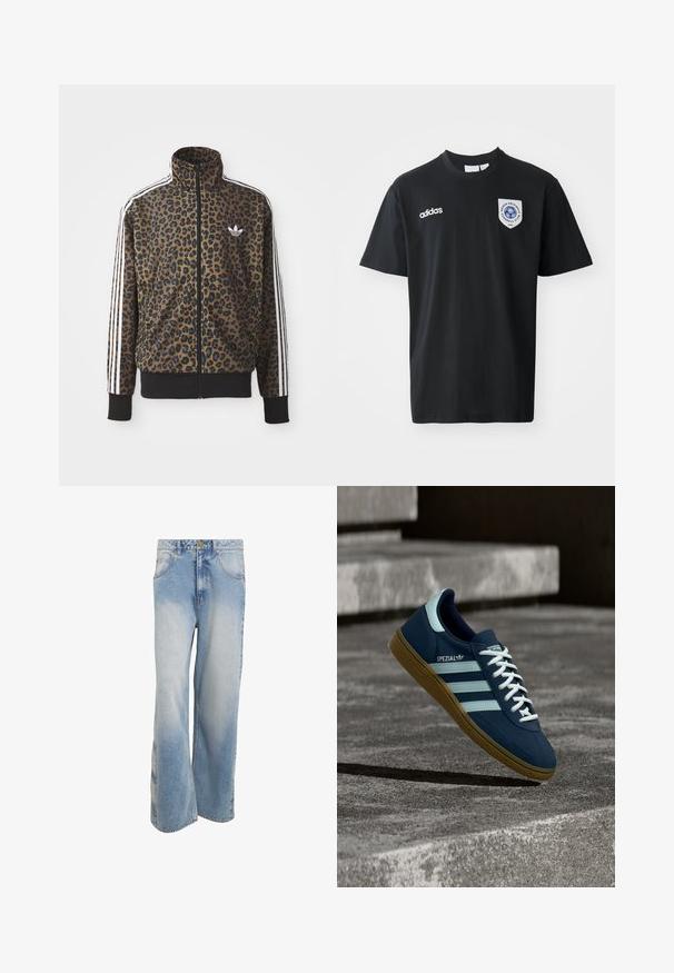 Brun og sort leopardprint zip-up jakke med hvide tre-stribede detaljer på ærmerne og en sort ribkant. Klassisk Adidas-logo.; Sort kortærmet t-shirt lavet af bomuld, med rund hals. Indeholder hvidt Adidas-logo og et mærke med et blåt emblem på venstre bryst.; Blå vidde ben cowboybukser med let falmet effekt. Har fem lommer, knaplukning og en lige silhuet med syede detaljer.; Blå Adidas Spezial sneaker med hvide striber og snørebånd, gummisål, svævende over en ru betongoverflade og trin i baggrunden.
