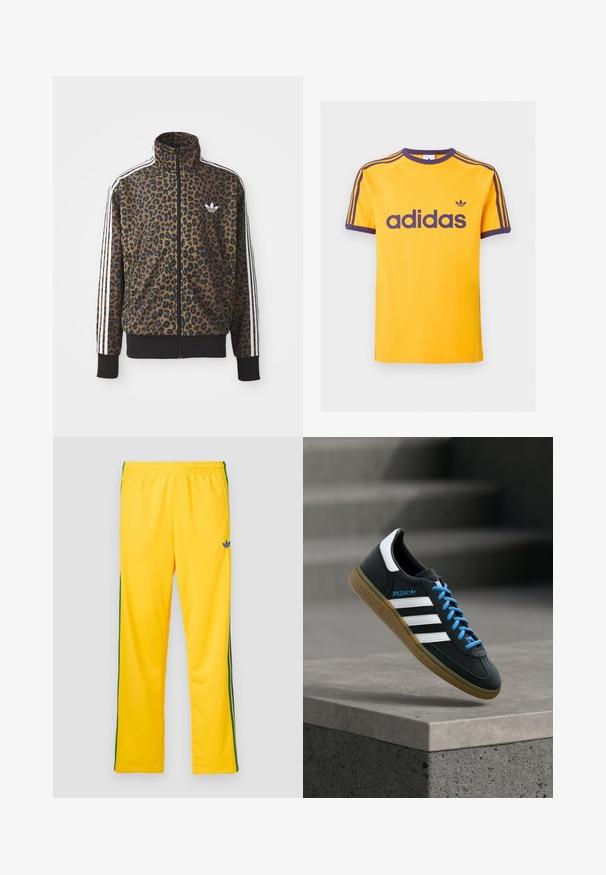 Ruskean ja mustan leopardiprintin vetoketjullinen takki, jossa on valkoiset kolme viiru-aksenttia hihoissa ja musta ribattua helmaa. Klassinen Adidas-logo.; Keltainen Adidas T-paita, jossa violetti kaulus, hihansuut, kolme raitaa olkapäillä ja iso Adidas-logo rinnan keskellä.; Keltaiset urheiluhousut, joissa on joustava vyötärönauha, vihreät sivuraidat ja pieni sininen logo vasemmassa reisessä. Tasainen kangaspinta.; Musta Adidas-tennari valkoisilla raidoilla, sinisillä nauhoilla ja kumipohjalla kelluu pehmeässä valossa harmaan betonisen portaan yllä.