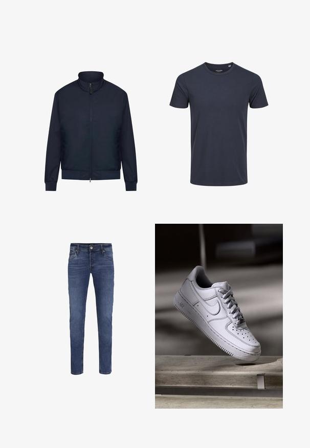 Μπλέ ναυτικού bomber jacket με φερμουάρ, όρθιο κολάρο, ριγέ μανσέτες και στρίφωμα, και τσέπες στο πλάι; κατασκευασμένο από λείο, ελαφρύ ύφασμα.; Ναυτικό μπλε μπλουζάκι κοντομάνικο από βαμβάκι με στρογγυλή λαιμόκοψη και ίσια στρίφωμα. Απλός, μονόχρωμος σχεδιασμός χωρίς επιπλέον σχέδια ή λεπτομέρειες.; Ανδρικό τζιν παντελόνι σε σλιμ ψηλή εφαρμογή, μπλε χρώματος, με κλείσιμο από κουμπί και φερμουάρ, μπροστινές και πίσω τσέπες, καθώς και διακριτικές φθορές.; Λευκό δερμάτινο αθλητικό παπούτσι Nike Air Force 1 με διάτρητο μπροστινό μέρος, επίπεδα κορδόνια και υφή στην καουτσούκ σόλα με το λογότυπο "AIR" στην πλευρά.