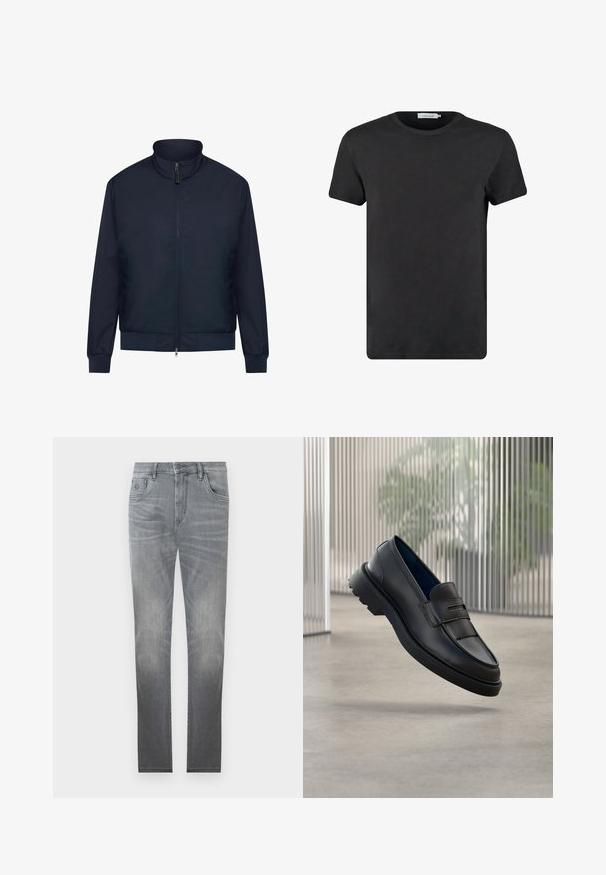 Marineblaues Bomberjacke mit Reißverschluss, Stehkragen, gerippten Bündchen und Saum sowie Seitentaschen; aus glattem, leichtem Stoff gefertigt.; Schwarzes Baumwoll-T-Shirt mit Rundhalsausschnitt und kurzen Ärmeln. Der Stoff hat eine glatte Textur und keine Muster oder Akzente. Normale Passform.; Graue Jeans aus Denim mit einem ausgebleichten Design, fünf Taschen, Knopfverschluss und geradem Schnitt. Sanfte Textur mit leichtem Verschleiß an den Kanten.; Schwarze Leder-Loafers mit glatter Oberfläche, die einen dekorativen Riemen und eine strukturierte Frontblende sowie eine profilierte Gummisohle aufweisen.