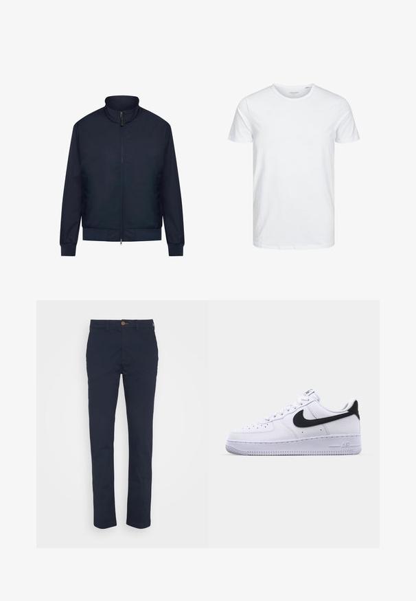 Μπλέ ναυτικού bomber jacket με φερμουάρ, όρθιο κολάρο, ριγέ μανσέτες και στρίφωμα, και τσέπες στο πλάι; κατασκευασμένο από λείο, ελαφρύ ύφασμα.; Μπλούζα κοντομάνικη με στρογγυλή λαιμόκοψη σε λευκό χρώμα, φτιαγμένη από απαλό βαμβάκι, διαθέτει απλό σχέδιο χωρίς ορατά μοτίβα ή διακοσμητικά.; Ναυτικές μπλε chinos από βαμβάκι, με ίσια γραμμή, κλείσιμο με κουμπί και μπροστινές τσέπες. Λείο υλικό χωρίς σχέδια.; Λευκό δερμάτινο αθλητικό παπούτσι με υφή μαύρου Swoosh, επίπεδα κορδόνια και καουτσούκ σόλα με ραβδωτό σχέδιο. Η λέξη "AIR" είναι ανάγλυφη στην φτέρνα.