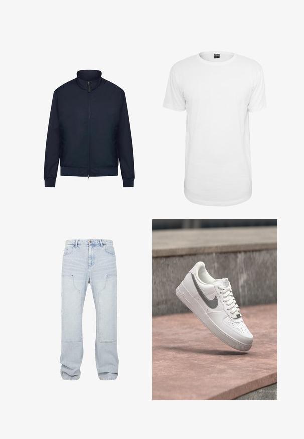 Námornícky modrá bomber bunda so zipsovým zapínaním, stojatým golierom, ribbovanými manžetami a spodným lemom a bočnými vreckami; vyrobená z hladkej, ľahkej látky.; Biele tričko s krátkym rukávom vyrobené z bavlny, s klasickým okrúhlym výstrihom, uvoľneným strihom a bez viditeľných vzorov alebo log. ; Svetlomodré denim cargo džínsy s voľným strihom, ktoré majú veľké predné vrecká a mierne opotrebenie. Jasne definované švy a manžety.; Biela teniska Nike Air Force 1 so sivým logom swoosh, ktorá visí nad kamenným povrchom a sivou kamennou stenou v pozadí.