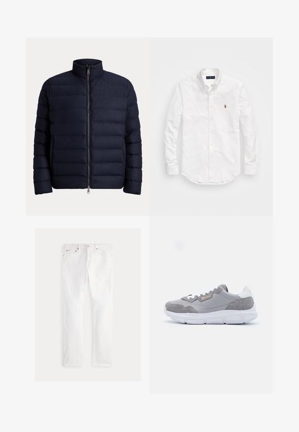 Μπουφάν navy blue με υψηλό γιακά, πλήρως φερμουάρ μπροστά και σχεδίαση με καπιτονέ. Κατασκευασμένο από απαλό, μονωμένο ύφασμα για ζεστασιά.; Λευκό πουκάμισο με κουμπιά, κατασκευασμένο από βαμβάκι, με μακριά μανίκια, κυρτή πλευρά και ένα μικρό κεντημένο λογότυπο στο στήθος.; Λευκά τζιν από denim με κανονική γραμμή στο ίσιωμα, που διαθέτουν πέντε τσέπες, χαλκομανία εξαρτήματα και διακριτικές λεπτομέρειες ραφής. Ομαλή υφή με καθαρό φινίρισμα.; Γκρι αθλητικά παπούτσια από σουέτ και συνθετικό υλικό, λευκή καουτσούκ σόλα, σχέδιο με κορδόνια και χρυσό λογότυπο στο πλάι.