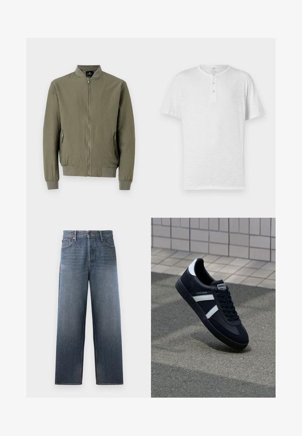 Chaqueta bomber verde oliva con una superficie texturizada, puños y cuello acanalados, y cierre frontal con cremallera. Incluye dos bolsillos laterales.; Camiseta henley blanca de manga corta con botón de tres, hecha de un tejido ligero y ligeramente texturizado. Cuello redondo, ajuste casual.; Jeans de denim en azul medio con un diseño de pierna recta, que cuentan con cinco bolsillos, un cierre de botón y cremallera, y efectos de desgaste sutiles.; Zapatilla de cuero negra con rayas blancas, suela de goma texturizada y parte frontal con cordones. Cuenta con una etiqueta de marca en la lengüeta.