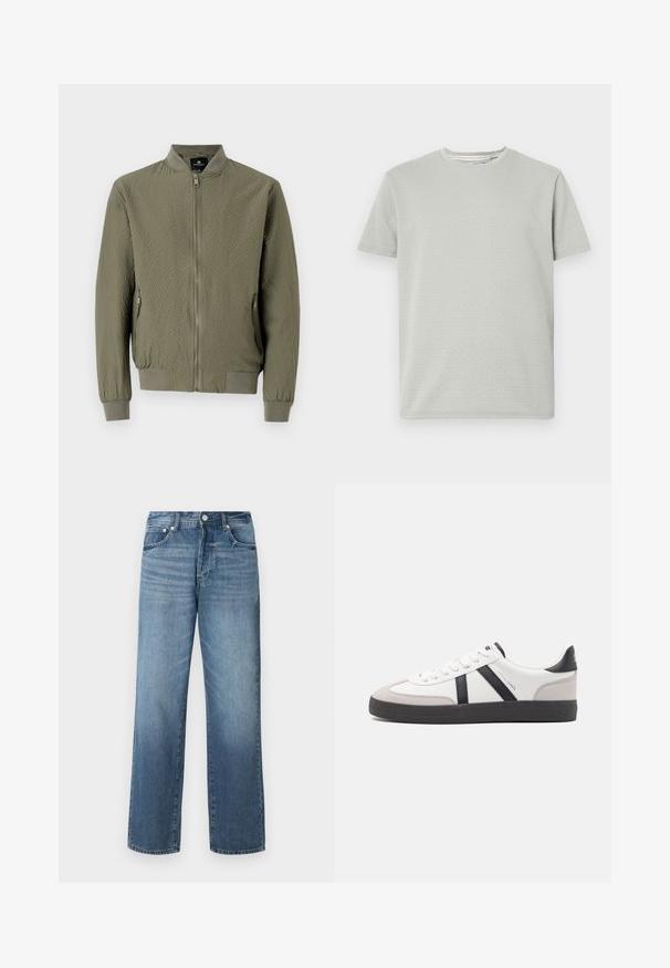 Veste bomber vert olive avec une surface texturée, des poignets et un col côtelés, et une fermeture éclair à l'avant. Comprend deux poches latérales.; T-shirt gris clair à manches courtes présentant un motif texturé, un col rond et un ourlet droit. Fabriqué en tissu doux et respirant.; Jean en denim bleu avec une coupe droite, présentant un délavage, des passants de ceinture, cinq poches et une fermeture à bouton classique.; Baskets blanches avec des accents noirs et gris, présentant un embout texturé gris, une semelle en caoutchouc noir et des lacets plats blancs. Design épuré, style minimaliste.