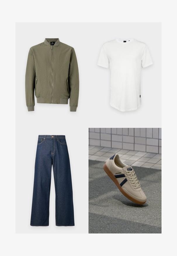 Veste bomber vert olive avec une surface texturée, des poignets et un col côtelés, et une fermeture éclair à l'avant. Comprend deux poches latérales.; T-shirt blanc à manches courtes en coton, avec un col rond et un dos légèrement allongé, arborant un petit logo sur le côté.; Jean à jambes larges en denim foncé avec surpiqûres orange, doté de cinq poches, d'une fermeture à boutons sur le devant et d'une silhouette droite.; Baskets beiges avec une finition texturée, bandes navy et semelle en caoutchouc. Équipées d'une languette rembourrée et d'un système de laçage traditionnel pour un maintien sécurisé.