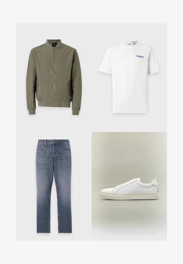 Ένα ελαιόχρωμο bomber jacket με υφή, ριγέ μανσέτες και γιακά, και κλείσιμο με φερμουάρ μπροστά. Διαθέτει δύο πλαϊνές τσέπες.; Λευκό κοντομάνικο μπλουζάκι με στρογγυλή λαιμόκοψη, με μικρό μπλε κείμενο "UNDERDOGS" και επιπλέον μικρότερο κείμενο στην άνω αριστερή πλευρά του στήθους.; Σκούρες μπλε τζιν παντελόνες, ίσιες γραμμές, με ξεθωριασμένο φινίρισμα, πέντε τσέπες και χάλκινες λεπτομέρειες. Καθαρή, κλασική εμφάνιση.; Λευκό sneaker χαμηλού τύπου με κορδόνια μπροστά και χοντρή σόλα, εμφανίζεται από το πλάι σε ουδέτερο φόντο.