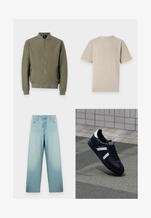 Olivgrüne Bomberjacke mit strukturiertem Oberfläche, gerippten Bündchen und Kragen sowie einem Frontreißverschluss. Verfügt über zwei Seitentaschen.; Kurzarm-T-Shirt in hellem Beige mit Rundhalsausschnitt, aus weichem Stoff gefertigt, mit glatter Textur und schlichtem Design ohne Grafiken.; Helle blaue weit geschnittene Jeans aus Denim mit einer ausgewaschenen Optik. Verfügt über einen Knopfverschluss vorne und ein Fünf-Taschen-Design.; Schwarze Leder-Sneaker mit weißen Streifen, strukturiertem Gummisohle und Schnürung. Verfügt über ein Markenetikett auf der Zunge.