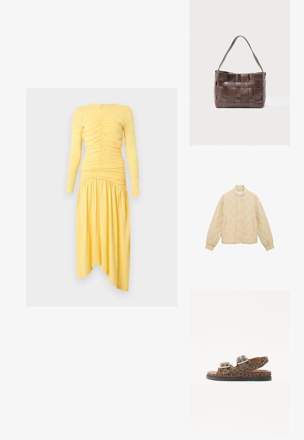 Gepolsterte Jacke in hellem Beige mit Stehkragen, elastischen Bündchen und zwei Fronttaschen. Mit Rautenmuster über den gesamten Stoff.; Gelbes Midi-Kleid mit langen Ärmeln, gerafftem Oberteil und asymmetrisch gerafftem Rock, auf weißem Hintergrund präsentiert.; Copenhagen Shoes THE MAGICAL - Riemensandalette - brown; Braune Leder-Umhängetasche mit breiten gewebten Streifen, die ein Rastermuster bilden, und einem einzigen flachen Riemen.