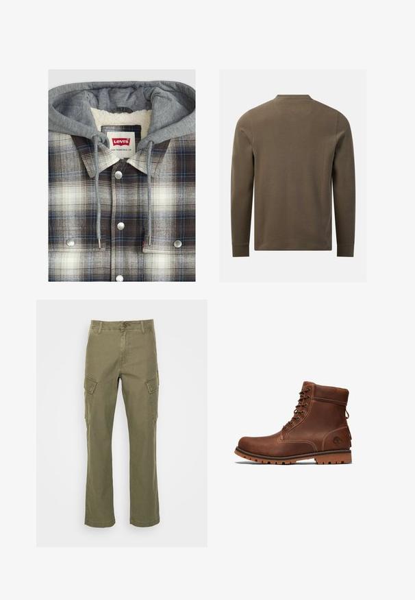 Chaqueta de camisa a cuadros con capucha gris; textura de franela en cuadros marrones, blancos y azules; herrajes plateados; interior forrado de forro polar.; Camisa texturizada de manga larga en verde oliva mostrada desde atrás con cuello redondo y puños lisos sobre fondo blanco.; Pantalones cargo verde oliva fabricados en algodón. Incluyen dos bolsillos laterales y un diseño de pierna recta. Textura suave con costuras visibles.; Botín de cuero marrón hasta el tobillo con diseño de cordones, cuello acolchado, costuras en contraste y suela de goma con un patrón de textura.
