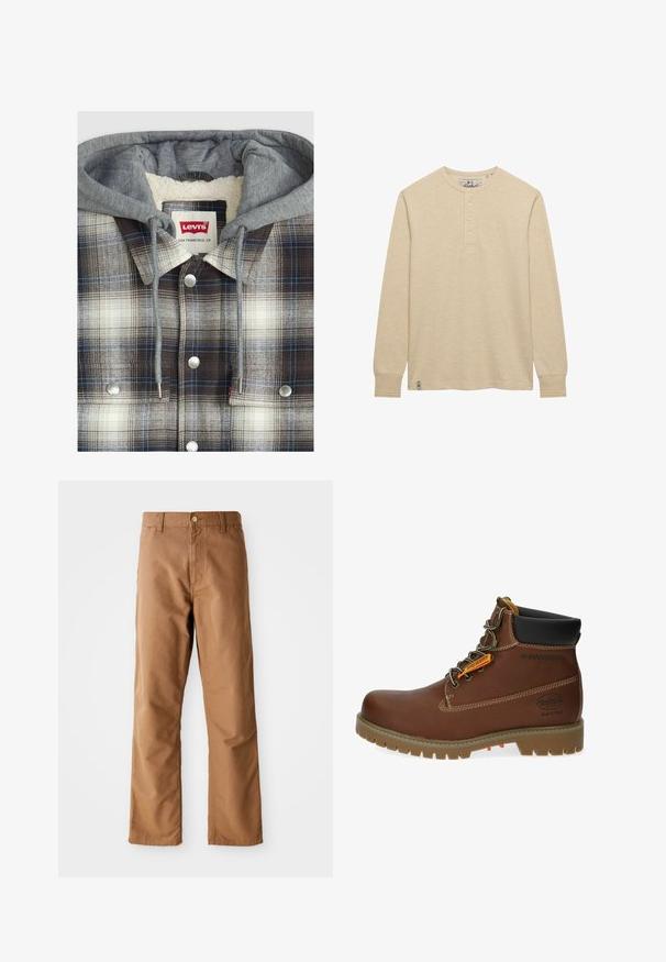 Chaqueta de camisa a cuadros con capucha gris; textura de franela en cuadros marrones, blancos y azules; herrajes plateados; interior forrado de forro polar.; Camisa henley beige de manga larga con cuello redondo y tres botones, con un pequeño logo bordado en el pecho y una etiqueta en el dobladillo.; Pantalones rectos marrones con pasadores para cinturón, bolsillos frontales, cierre de botón y cremallera sobre un fondo blanco.; Dockers by Gerli Botines con cordones - cognac
