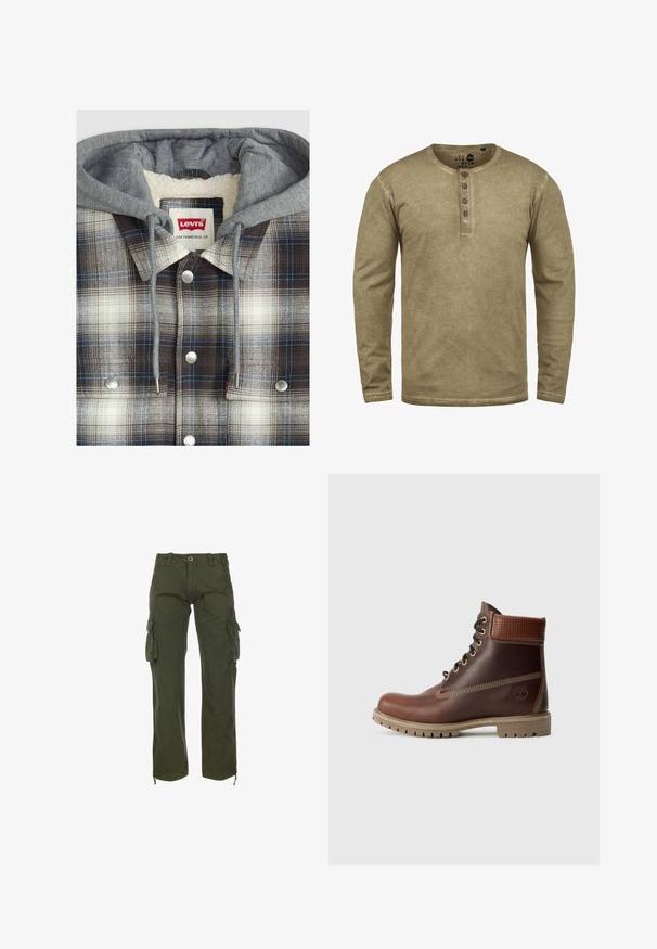 Veste en flanelle à carreaux avec hoodie gris ; texture en flanelle en vérifiant marron, blanc et bleu ; quincaillerie argentée ; intérieur en polaire.; Solid SDTIMUR - T-shirt à manches longues - dune; Pantalons cargo verts en tissu de coton. Dotés de plusieurs poches latérales, d'une fermeture à bouton et de liens ajustables à la cheville. Style décontracté, coupe ample.; Bottine en cuir marron à lacets, avec un col rembourré, des coutures contrastées et une semelle robuste, vue de l'extérieur sur un fond blanc.