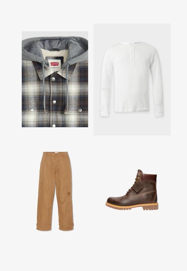 Chaqueta de camisa a cuadros con capucha gris; textura de franela en cuadros marrones, blancos y azules; herrajes plateados; interior forrado de forro polar.; Camiseta térmica blanca de manga larga con cuello redondo y tapeta de tres botones, presentada plana sobre un fondo claro.; Pantalones de trabajo color caqui, hechos de una tela resistente, cuentan con múltiples bolsillos, un cierre de botón y un logo bordado en el muslo.; Botín de cuero marrón hasta el tobillo con punta redonda, suela resistente, herrajes en tono dorado y parte superior texturizada. Incluye una etiqueta con el logo adjunta.