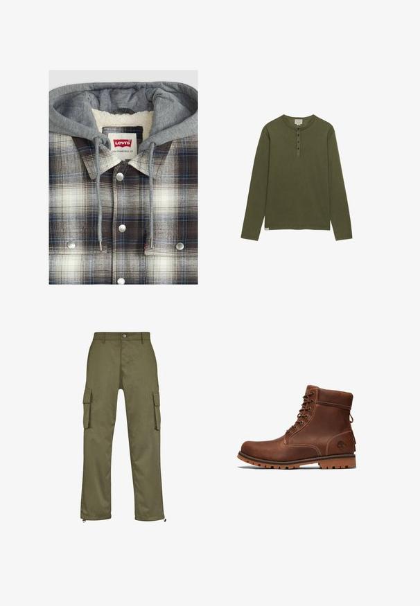 Chaqueta de camisa a cuadros con capucha gris; textura de franela en cuadros marrones, blancos y azules; herrajes plateados; interior forrado de forro polar.; Camisa henley de manga larga en verde oliva con cuatro botones negros y cuello redondo, mostrada sobre un fondo blanco.; Pantalones cargo de color verde oliva con corte recto, dos bolsillos laterales y detalles de cremallera en los puños. Fabricados con un tejido duradero.; Botín de cuero marrón hasta el tobillo con diseño de cordones, cuello acolchado, costuras en contraste y suela de goma con un patrón de textura.