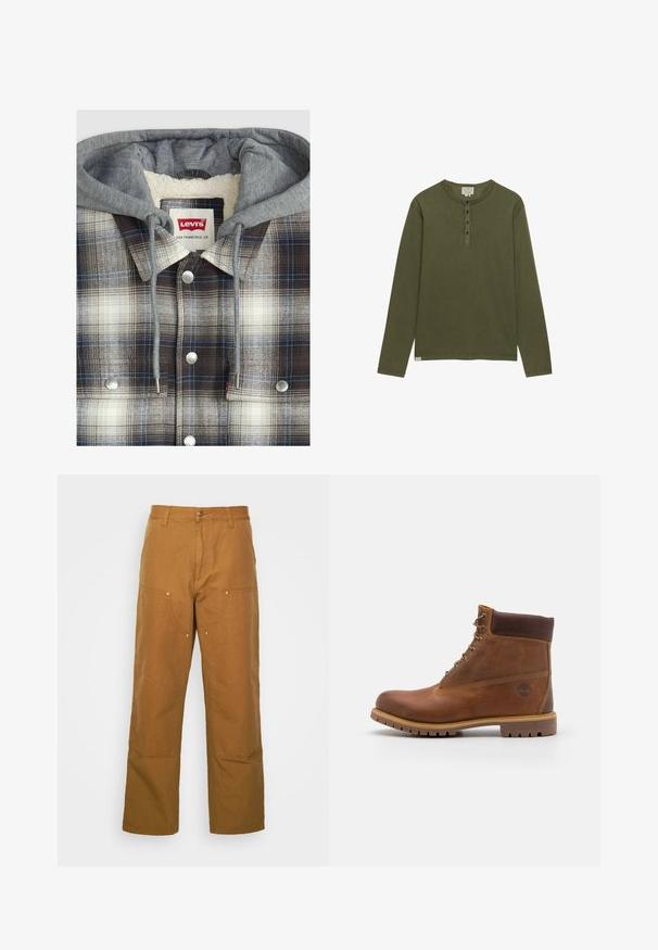 Chaqueta de camisa a cuadros con capucha gris; textura de franela en cuadros marrones, blancos y azules; herrajes plateados; interior forrado de forro polar.; Camisa henley de manga larga en verde oliva con cuatro botones negros y cuello redondo, mostrada sobre un fondo blanco.; Pantalones utilitarios de algodón marrón con un diseño de pierna recta, que cuentan con bolsillos frontales y acentos de metal para mayor durabilidad.; Botas de senderismo de cuero marrón con un acabado suave, tobillo acolchado, ojales de metal y suela de goma con un patrón de tracción robusto.