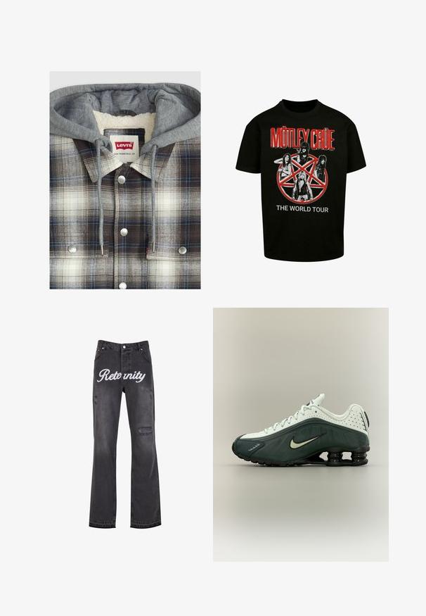Karierte Shirtjacke mit grauem Hoodie; Flanellstruktur in braunen, weißen und blauen Karos; silberne Hardware; Innenfutter aus Fleece.; Schwarzes Baumwoll-T-Shirt mit einem zentralen Grafikdesign von vier Figuren und einem roten Pentagramm, versehen mit dem Text "MÖTLEY CRÜE" und "THE WORLD TOUR".; Schwarze ausgestellte Jeans mit zerstörten Details und dem aufgedruckten "Reternity" in Weiß auf der Vorderseite. Hergestellt aus Jeansstoff mit strukturierter Oberfläche.; Weißer und dunkelgrüner Nike-Sneaker mit schwarzer, federartiger Sohle und Schnürsenkeln, seitlich auf neutralem Hintergrund dargestellt.