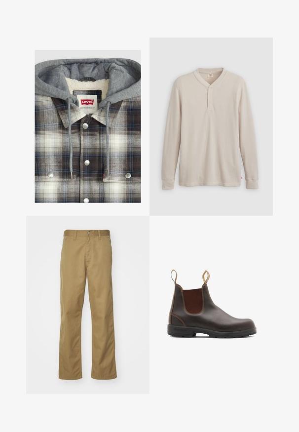 Chaqueta de camisa a cuadros con capucha gris; textura de franela en cuadros marrones, blancos y azules; herrajes plateados; interior forrado de forro polar.; Camisa tipo henley de manga larga en tejido acanalado color beige claro, con escote en V,tapeta de tres botones, y mangas con puños. Etiqueta de logo roja en el dobladillo.; Chinos caqui con diseño de pierna recta, elaborados en una suave tela de algodón. Cuentan con un cierre frontal de botón y bolsillos laterales.; Botas Chelsea de cuero marrón con paneles laterales elásticos y tiradores. Parte superior texturizada, suela de goma duradera y detalle de costura en contraste.