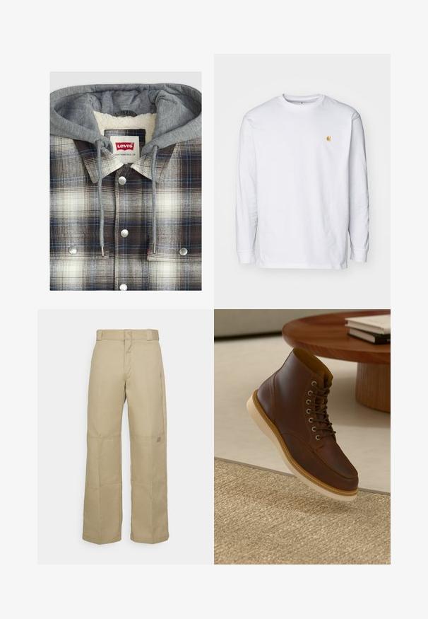 Veste en flanelle à carreaux avec hoodie gris ; texture en flanelle en vérifiant marron, blanc et bleu ; quincaillerie argentée ; intérieur en polaire.; T-shirt à manches longues blanc en coton. Présente un petit logo doré sur la poitrine et un col rond. Design simple et coupe standard.; Pantalons larges beiges en tissu résistant, dotés d'une taille haute, de coutures visibles et d'un petit logo sur le côté.; Bottine en cuir marron avec semelle beige sur un tapis beige texturé à côté d'une table ronde en bois avec des livres empilés.