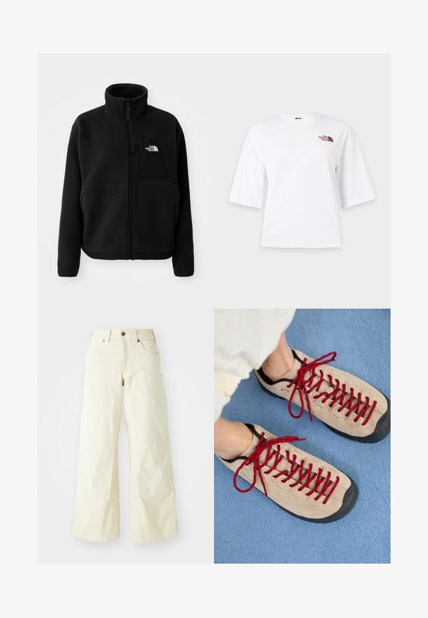 Zwarte fleece jas met een hoge kraag, volledige ritssluiting en een borstzak aan de linkerkant met een logo. De stof heeft een zachte, gestructureerde oppervlakte.; Witte T-shirt met korte mouwen, ronde hals en klein kastanjebruin "The North Face" logo op de linker bovenborst.; Beige wijde broekspijpen van katoen, met een hoge taille, grote zijzakken en een gladde textuur met minimale stikdetails.; Beige schoenen met rode veters, geplaatst op een blauwe, gestructureerde ondergrond, onthullen gedeeltelijk de enkel van een persoon. De schoenen hebben een sportief ontwerp.