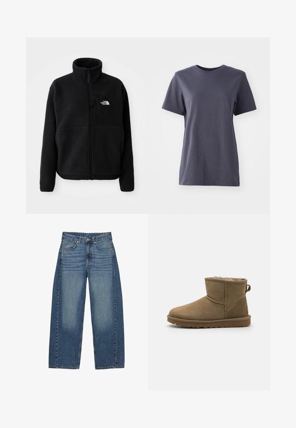 Sort fleecejakke med høj krave, fuld lynlås og en lomme på venstre bryst med et logo. Stofoverfladen er blød og struktureret.; Kortærmet t-shirt i mørkegrå bomuld, rund hals, glat tekstur, lige kant, ingen synlige mønstre eller hardware-detaljer.; Bredde ben blå jeans lavet af denim, med et klassisk fem-lomme design, i en falmet vask og tonede syninger.; Brune ruskind ankelstøvle med en blød, fuzzy foring, rund tå og en løkkeaccent bagpå. Flad gummisål med struktureret greb.