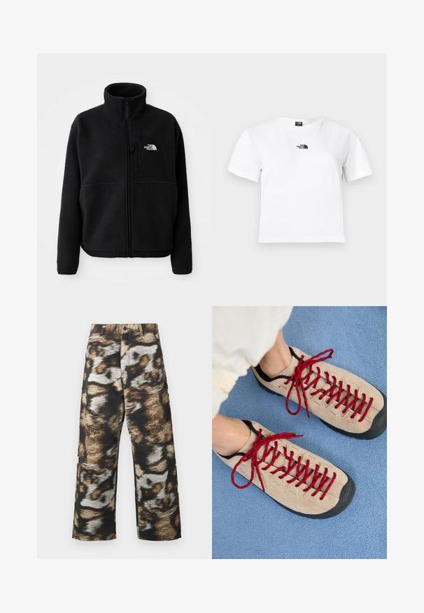Sort fleecejakke med høj krave, fuld lynlås og en lomme på venstre bryst med et logo. Stofoverfladen er blød og struktureret.; Hvid bomulds t-shirt med korte ærmer, rund hals og et sort The North Face-logo på brystet. Enkel, udekoreret design.; Viddebenede bukser med et fedt, abstrakt mønster i sort, brun og creme. Fremstillet af tekstureret stof med høj talje.; Beige sko med røde snørebånd, placeret på en blå tekstureret overflade, delvist synliggørende en persons ankel. Skoene har et sporty design.