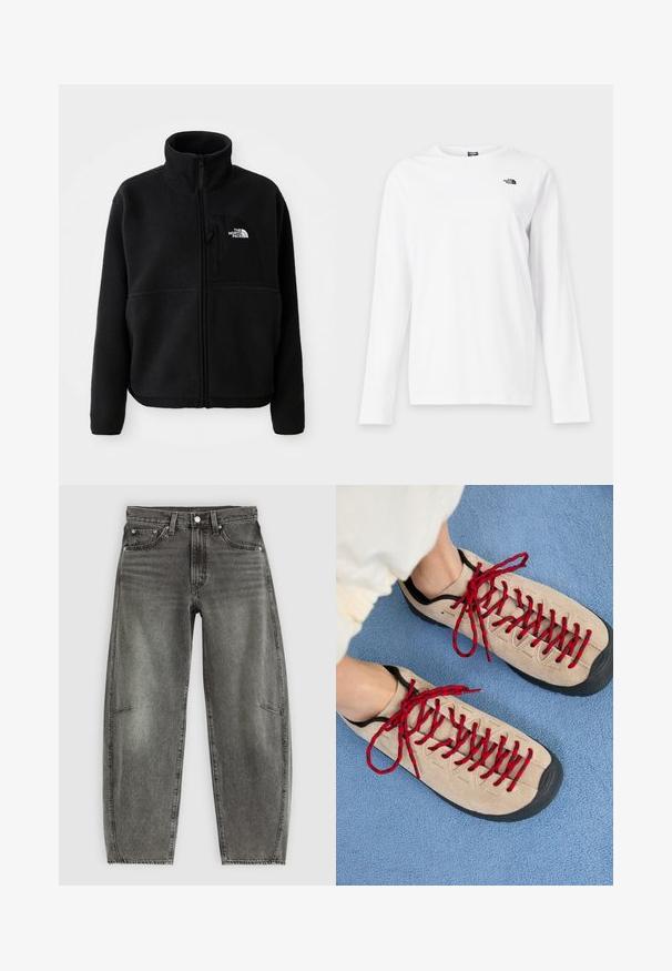 Zwarte fleece jas met een hoge kraag, volledige ritssluiting en een borstzak aan de linkerkant met een logo. De stof heeft een zachte, gestructureerde oppervlakte.; Wit shirt met lange mouwen en ronde hals met klein zwart The North Face-logo op de linkerborst.; Hoge taille grijs gewassen denim jeans met vijf zakken, knoopsluiting en een ontspannen rechte pasvorm.; Beige schoenen met rode veters, geplaatst op een blauwe, gestructureerde ondergrond, onthullen gedeeltelijk de enkel van een persoon. De schoenen hebben een sportief ontwerp.