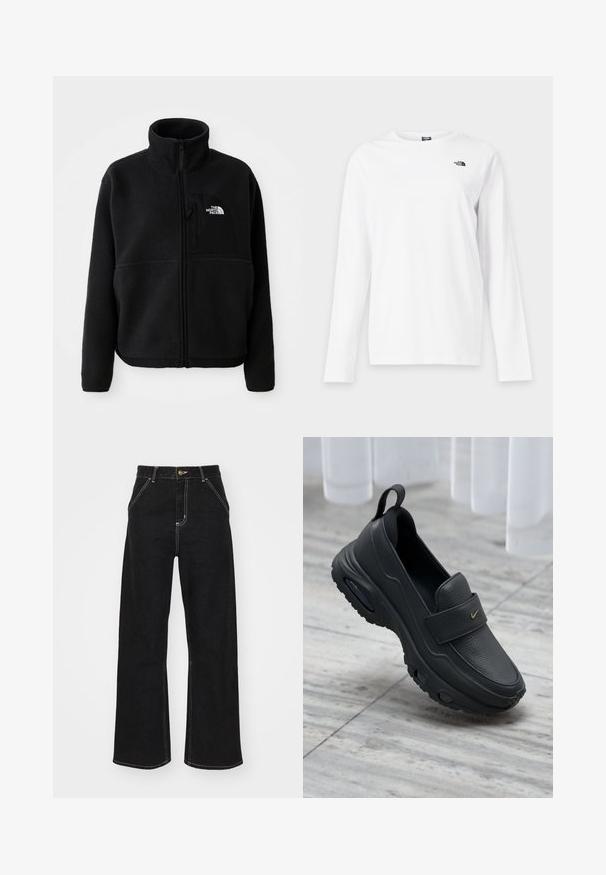 Zwarte fleece jas met een hoge kraag, volledige ritssluiting en een borstzak aan de linkerkant met een logo. De stof heeft een zachte, gestructureerde oppervlakte.; Wit shirt met lange mouwen en ronde hals met klein zwart The North Face-logo op de linkerborst.; Zwart wijde jeans gemaakt van denim. Voorzien van contrasterende witte stiksels, voorkanten zakken en een knoopsluiting in de taille.; Zwarte lederen instapschoen met een platte zool, een gestructureerde afwerking, een gevoerde bovenzijde en een gouden logo-accent. Ontworpen voor comfort en gemakkelijke draagbaarheid.