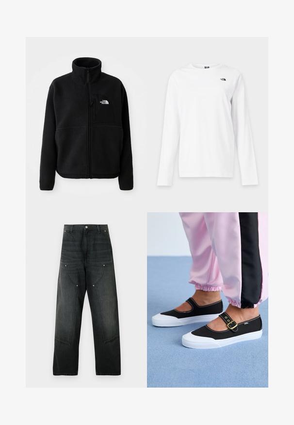 Zwarte fleece jas met een hoge kraag, volledige ritssluiting en een borstzak aan de linkerkant met een logo. De stof heeft een zachte, gestructureerde oppervlakte.; Wit shirt met lange mouwen en ronde hals met klein zwart The North Face-logo op de linkerborst.; Zwarte wijde denimbroek met hoge taille, knoopsluiting, riemlussen, oversized voorzakken met klinknageldetails.; Zwarte canvas schoenen met een witte zool, met een uitgesneden ontwerp en een gouden gespband. Draagt met roze joggingsbroek.