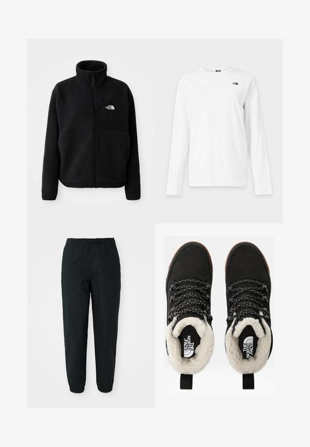 Chaqueta de forro polar negra con un alto cuello, cremallera completa y un bolsillo en el pecho izquierdo que presenta un logotipo. La tela tiene una superficie suave y texturizada.; Camiseta blanca de manga larga con cuello redondo y pequeño logo negro de The North Face en el lado izquierdo del pecho.; Pantalones negros ajustados, hechos de una tela suave, con una cinturilla elástica, cordón de ajuste y bolsillos laterales con parche. Puños elásticos en los tobillos.; Botas de tobillo negras impermeables con forro de piel sintética, tejido texturizado, cordones con un patrón blanco y negro, y una lengüeta en el talón.