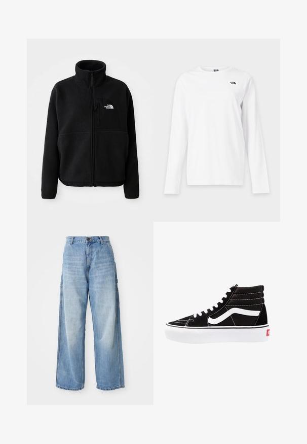 Zwarte fleece jas met een hoge kraag, volledige ritssluiting en een borstzak aan de linkerkant met een logo. De stof heeft een zachte, gestructureerde oppervlakte.; Wit shirt met lange mouwen en ronde hals met klein zwart The North Face-logo op de linkerborst.; Lichtblauwe wijde jeans met een hoge taille, voorzien van zijzakken en een vervaagde textuur, vervaardigd uit denim materiaal.; Zwarte high-top sneakers met witte veters, een wit logo en contrasterende witte stiksels. Heeft een dikke witte zool en een bovenwerk van gestructureerd suede.