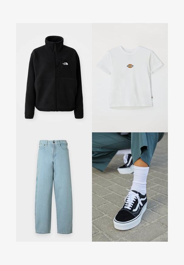 Sort fleecejakke med høj krave, fuld lynlås og en lomme på venstre bryst med et logo. Stofoverfladen er blød og struktureret.; Hvid bomulds t-shirt med et rundt logo med flerfarvede accenter. Korte ærmer og rund halsudskæring, med et lille mærke ved kanten.; Lyseblå denimjeans med afslappet pasform, lige ben, design med fem lommer og lukning med metal knap ved taljebåndet.; Sorte ruskinds sneakers med hvide accenter og snørebånd, der har en tyk hvid sål og kontrasterende syninger, parret med en hvid sok.