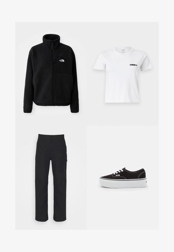 Sort fleecejakke med høj krave, fuld lynlås og en lomme på venstre bryst med et logo. Stofoverfladen er blød og struktureret.; Hvid T-shirt med korte ærmer og rund hals med sort "OBEY"-logo trykt på venstre bryst.; Sorte bomuldsbukser med lige pasform, knaplukning og bæltestropper. Har et klassisk design uden synlige lommer.; Sort lærred sneakers med en hvid gummi platform sål, der har hvide snørebånd og syninger, ikonisk branding på siden, lav-top design.