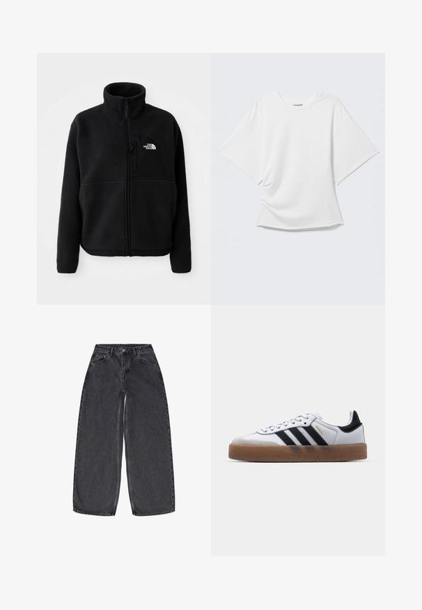 Schwarze Fleecejacke mit hohem Kragen, vollem Reißverschluss und einer linken Brusttasche mit einem Logo. Der Stoff hat eine weiche, strukturierte Oberfläche.; Weißes kurzärmeliges Oversized T-Shirt mit Rundhalsausschnitt, dargestellt vor hellem grauem Hintergrund.; Schwarze weit geschnittene Jeans aus Denim mit hoher Taille, versehen mit zwei Vorder-Taschen und einem Knopfverschluss. Schlichtes Design, minimale Details.; Weiße Leder Sneakers mit schwarzen Streifen, Gummigummi-Außensohle, runder Zehenform, Schnürverschluss und weichem grauem Wildleder-Zehenkappe.