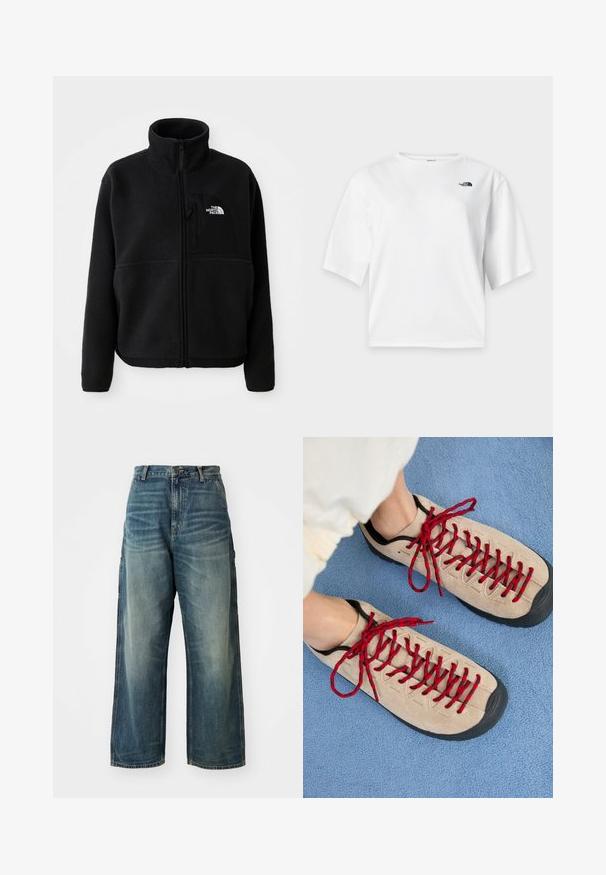 Sort fleecejakke med høj krave, fuld lynlås og en lomme på venstre bryst med et logo. Stofoverfladen er blød og struktureret.; Hvid T-shirt med korte ærmer og rund hals med The North Face-logo i sort på venstre bryst.; Bredde ben denim jeans i en falmet blå vask. Har en knaplukning, fem lommer og synlige sømme. Materialet har en glat tekstur.; Beige sko med røde snørebånd, placeret på en blå tekstureret overflade, delvist synliggørende en persons ankel. Skoene har et sporty design.