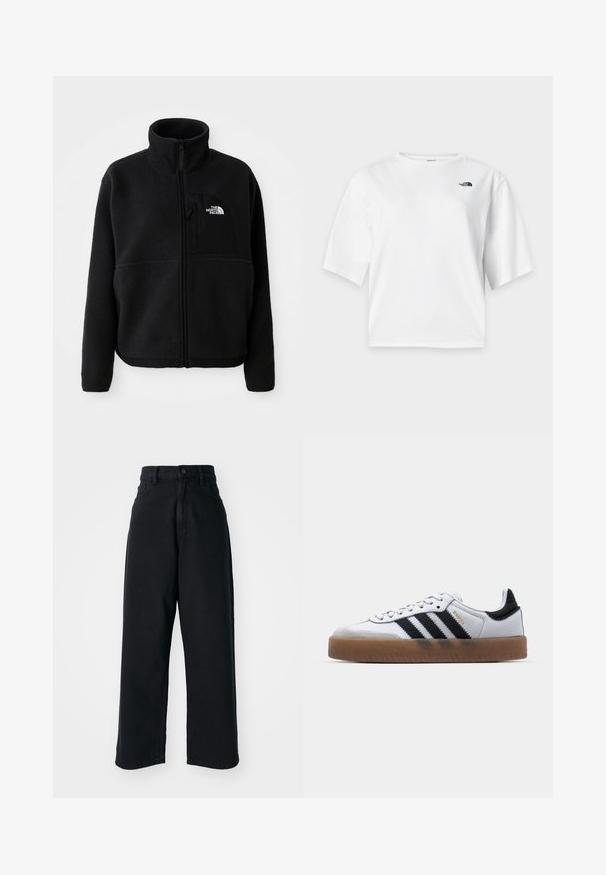Chaqueta de forro polar negra con un alto cuello, cremallera completa y un bolsillo en el pecho izquierdo que presenta un logotipo. La tela tiene una superficie suave y texturizada.; Camiseta blanca de manga corta y cuello redondo con el logo de The North Face en negro en el pecho izquierdo.; Jeans anchos de tiro alto en negro, con bolsillos frontales y cierre de botón, exhibidos sobre un fondo blanco liso.; Zapatillas de cuero blancas con rayas negras, suela de goma, puntera redonda, cierre de cordones y caperuza de ante gris suave.
