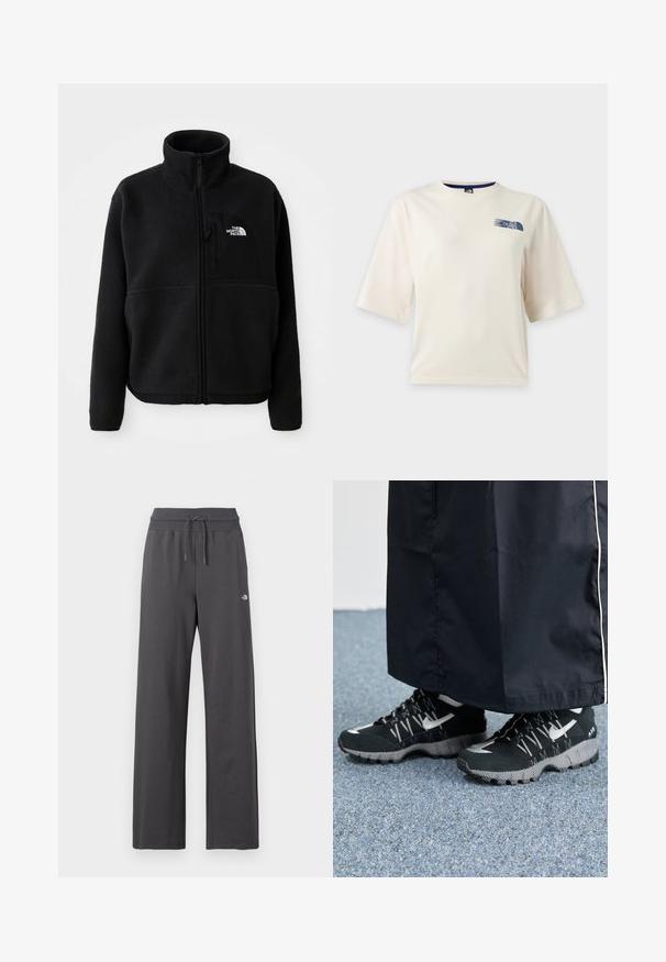 Sort fleecejakke med høj krave, fuld lynlås og en lomme på venstre bryst med et logo. Stofoverfladen er blød og struktureret.; Hvid T-shirt med korte ærmer med en lille blå The North Face-logo på øverste venstre bryst.; Mørkegrå sweatpants med vide ben, ribbet elastik i taljen og snøre, med en lille hvid logo på højre lår.; Sorte sportsko med en struktureret overdel, sølvdetaljer og en mønstret ydersål, parret med et langt sort plagg. Sat mod blå tæpper.