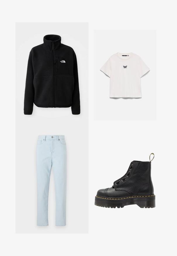 Schwarze Fleecejacke mit hohem Kragen, vollem Reißverschluss und einer linken Brusttasche mit einem Logo. Der Stoff hat eine weiche, strukturierte Oberfläche.; Weißes T-Shirt mit kurzen Ärmeln, rundem Halsausschnitt und kleiner lila-schwarzer Schmetterlingsgrafik zentriert auf der Brust.; Hoch taillierte hellblau gerade geschnittene Jeans mit vorderen Taschen, Gürtelschlaufen, Knopfverschluss und sichtbaren Nähten entlang der Beine.; Schwarze Leder-Ankle-Boots mit strukturierten Oberflächen, runder Zehenpartie, Schnürdesign, gelben Nähten und einer dicken, gerippten schwarzen Plateausohle.