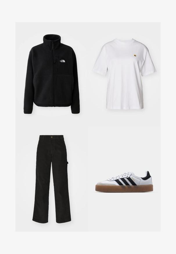 Schwarze Fleecejacke mit hohem Kragen, vollem Reißverschluss und einer linken Brusttasche mit einem Logo. Der Stoff hat eine weiche, strukturierte Oberfläche.; Weißes Baumwoll-T-Shirt mit lockerem Schnitt, kurzen Ärmeln und einem kleinen gestickten Logo auf der linken Brustseite.; Schwarze Cordhosen mit geradem Schnitt, ausgestattet mit einem Knopfverschluss und einer Seitenlasche. Glatte Textur mit feinen verticalen Streifen.; Weiße Leder Sneakers mit schwarzen Streifen, Gummigummi-Außensohle, runder Zehenform, Schnürverschluss und weichem grauem Wildleder-Zehenkappe.