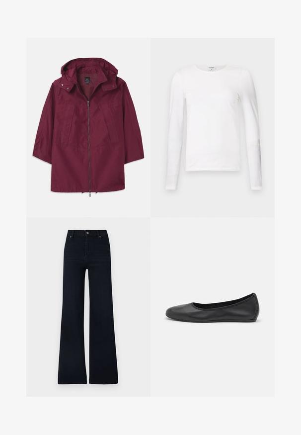 Weinrote, leichte Jacke mit Reißverschluss, Kapuze und 3/4-Ärmeln. Verfügt über zwei Fronttaschen und eine glatte, matte Oberfläche.; Weißes Langarm-T-Shirt aus weicher Baumwolle, mit rundem Halsausschnitt und schmalem Schnitt, sauberen Nähten und ohne sichtbare Muster.; Dunkelblaue Schlagjeans aus Denim. Mit Knopfverschluss, fünf Taschen und einem klaren Design mit minimalen Texturunterschieden.; Schwarze Leder-Ballettschuhe mit abgerundeter Spitze, glatter Textur, minimalen Nähdetails und einem flexiblen Sohlen-Design.