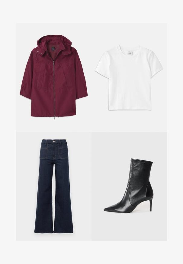 Weinrote, leichte Jacke mit Reißverschluss, Kapuze und 3/4-Ärmeln. Verfügt über zwei Fronttaschen und eine glatte, matte Oberfläche.; Weißes Baumwoll-T-Shirt mit Rundhalsausschnitt, kurzen Ärmeln und geradem Saum. Etikett mit der Aufschrift "Won Hundred" an der Mitte des Ausschnitts.; Dunkelblaue ausgestellte Jeans aus Denim mit hoher Taille, die zwei hintere Taschen und kontrastierende Nähte entlang der Säume aufweist.; Schwarze Stiefeletten aus glattem Leder, mit einer spitzen Zehe, schmalem Schaft und schlanker, hoher Ferse. Minimalistisches Design ohne sichtbare Beschläge.