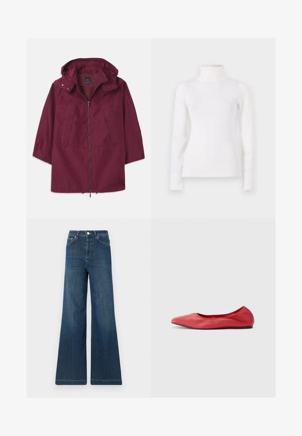 Mørkerød letvægtsjakke med lynlås, hætte og 3/4 ærmer. Har to forlommer og en glat, mat tekstur.; Hvid turtleneck sweater, tætsiddende design, lange ærmer, blød tekstur, glat stof, minimal detaljer, ribbede manchetter og krave.; Sorte jeans med vid ben i mørkeblåt denim, med høj talje, kobberbeslag og diskret falmning. Ren kant uden yderligere mønstre.; Filippa K REY FLATS - Ballerinasko - bright red