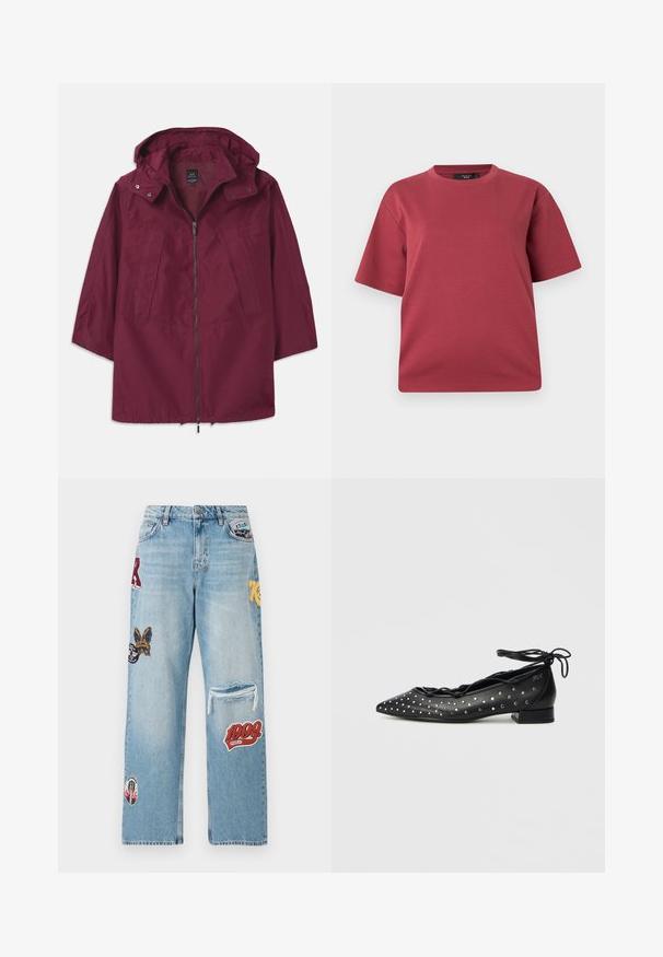 Chaqueta ligera de color marrón con cremallera, capucha y mangas 3/4. Presenta dos bolsillos frontales y una textura suave y mate.; Camiseta de manga corta con cuello redondo en rosa polvoriento, de corte holgado, mostrada sobre un fondo blanco liso.; Jeans de mezclilla azul claro con varios parches, una rodilla desgastada y un corte de pierna ancha. Los colores notables incluyen rojo, amarillo y negro.; Bailarinas de cuero negro con punta puntiaguda, diseño con cordones y detalles de tachuelas plateadas a los lados. Perfil de tacón bajo y cuadrado.